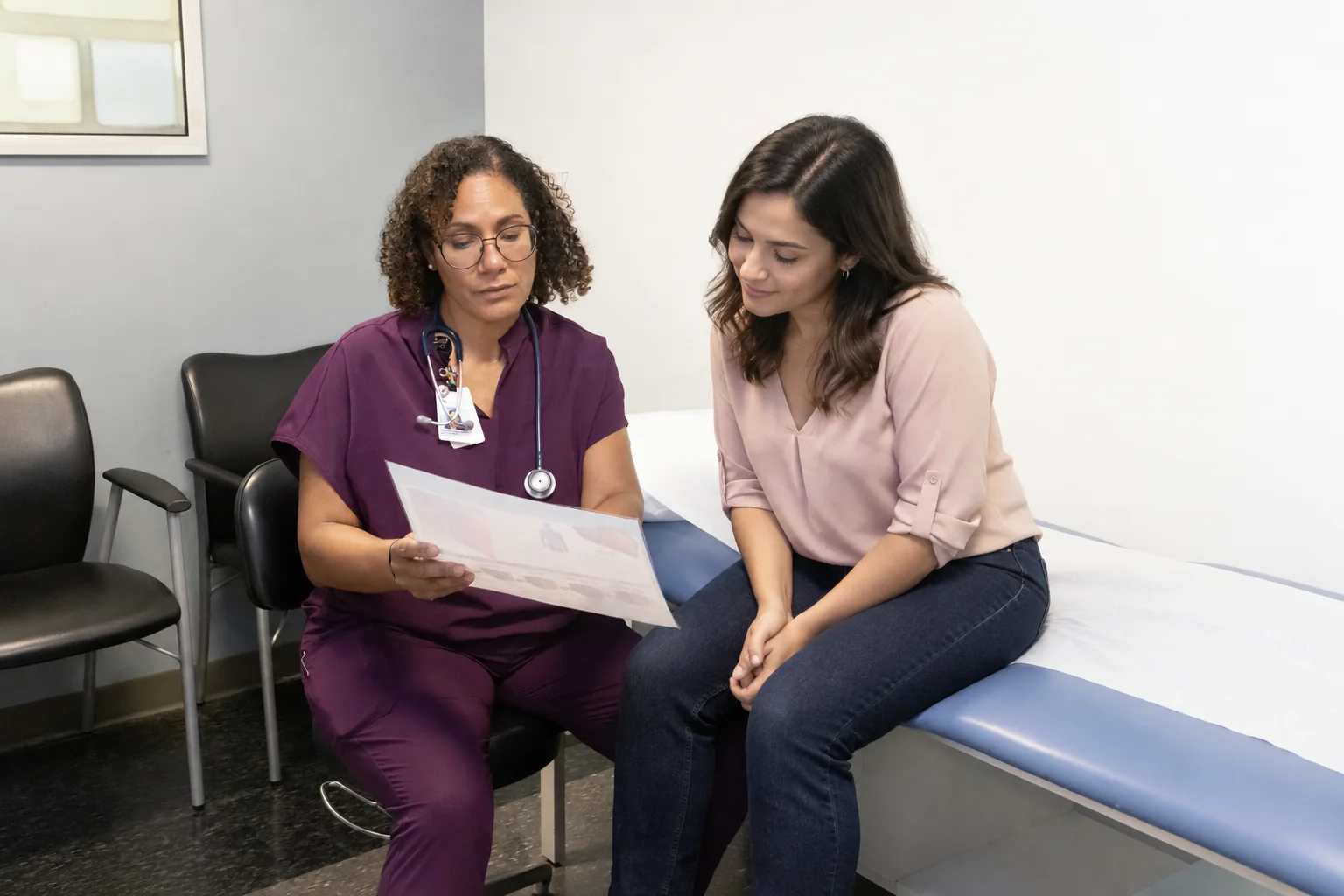 Angela E'akels, APRN, reviewing a care plan with a patient