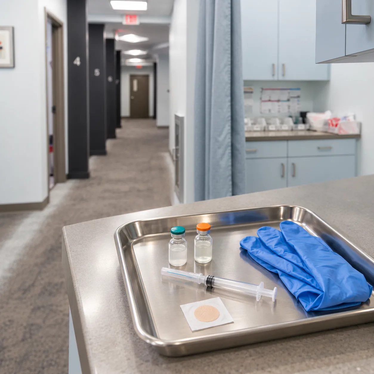 Exam tray prepared for hepatitis vaccination: vaccine vials, syringe and gloves