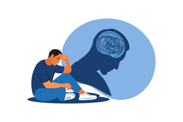 Depressed man sitting on floor. Mental health concept. Vector illustration.